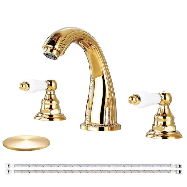 Double Handles 8 in. Widespread Bathroom Faucet 3-Hole Sink Faucet with Pop-Up Drain in Polished Gold
