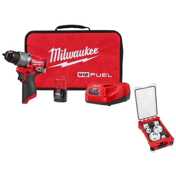 Milwaukee M12 FUEL 12-Volt Li-Ion Brushless Cordless 1/2 in. Hammer Drill w 2.0Ah Battery, Charger & PACKOUT Hole Saw Set (10-Pc)