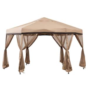 Wister 11 ft. x 11 ft. Tan and Brown 2-Tone Pop Up Portable Hexagon Steel Gazebo with Mosquito Netting