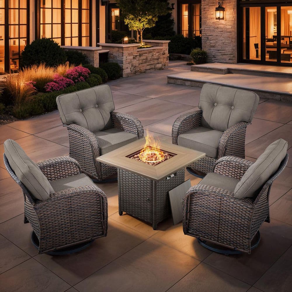 Modern Brown Rattan Wicker 4 Seat 5-Piece Outdoor Fire Pit Patio Set with Gray Cushions, Rattan Square Fire Pit Table price history on PriceWatchPro