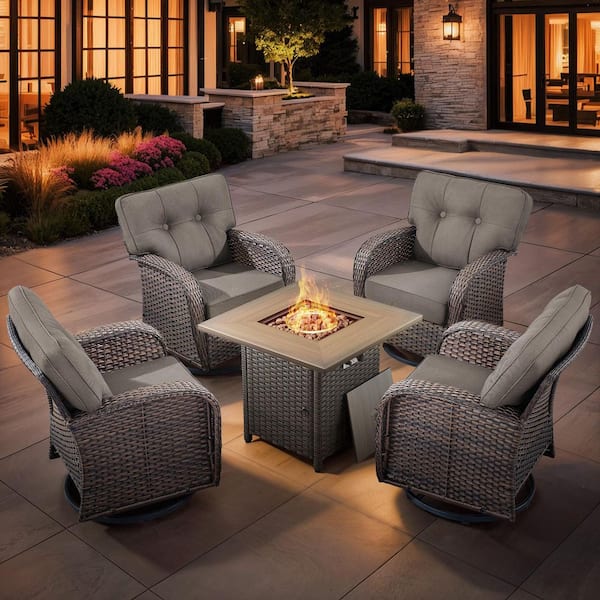 Modern Brown Rattan Wicker 4 Seat 5-Piece Outdoor Fire Pit Patio Set with Gray Cushions, Rattan Square Fire Pit Table