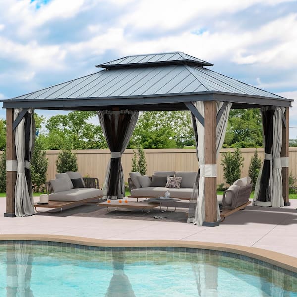 JOYSIDE 12 ft. x 16 ft. Wood Grain Double Galvanized Steel Roof Gazebo with Ceiling Hook, Mosquito Netting and Curtains