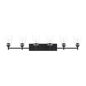 Wakefield 48.5 in. 6-Light Matte Black Modern Vanity with Clear Glass Shades