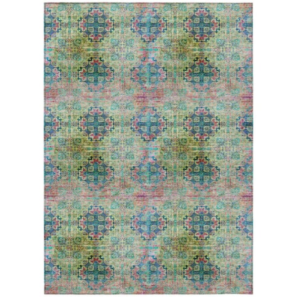 5' X 5' Blue and Green Floral Indoor Outdoor Area Rug 5' X 5' Blue and Green Floral Indoor Outdoor Area Rug