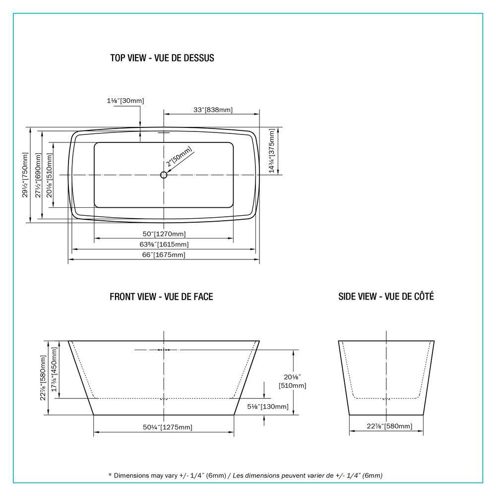 66'' White Acrylic Freestanding Soaking Bathtub