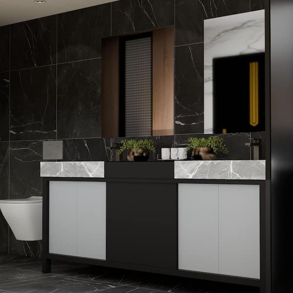 Zilara 80 in x 22 in D Black and Grey Double Bath Vanity, Castle Grey Marble Top and Gun Metal Faucet Set