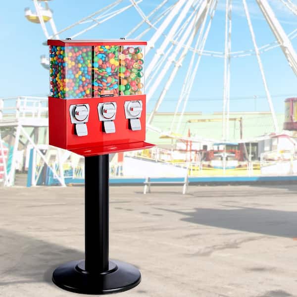 Triple Compartment Candy Vending Machine, Coin Operated Dispenser with Iron Stand Dry Food Dispensers