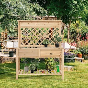 Wood Raised Garden Bed with Trellis Elevated Planter Box with Storage Shelf and Drawer