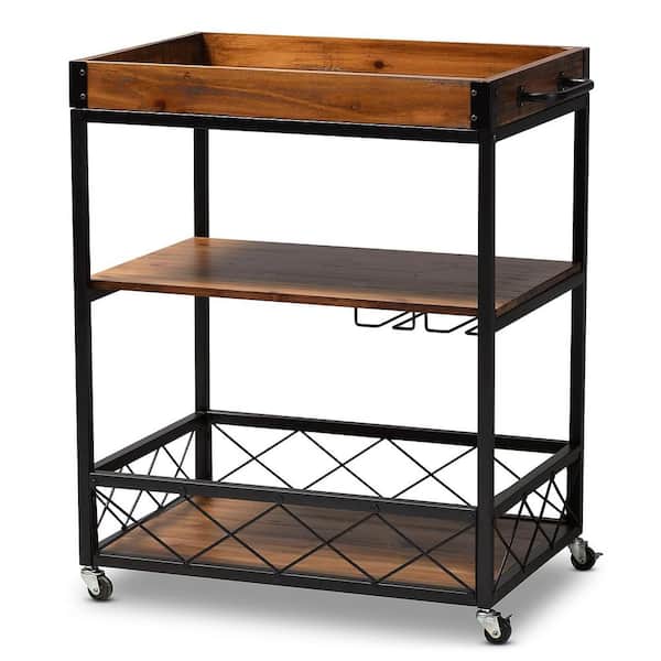 Tileon Brown Fir Wood Kitchen Cart, Industrial Rolling Bar Cart with Removable Top Tray, 6-Glasses Holder and Metal Guradrail