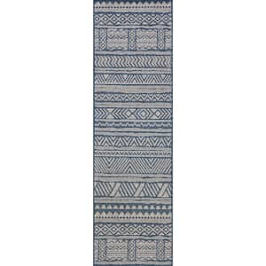 Abbey Tribal Striped Blue 2 ft. x 8 ft. Indoor/Outdoor Runner Rug