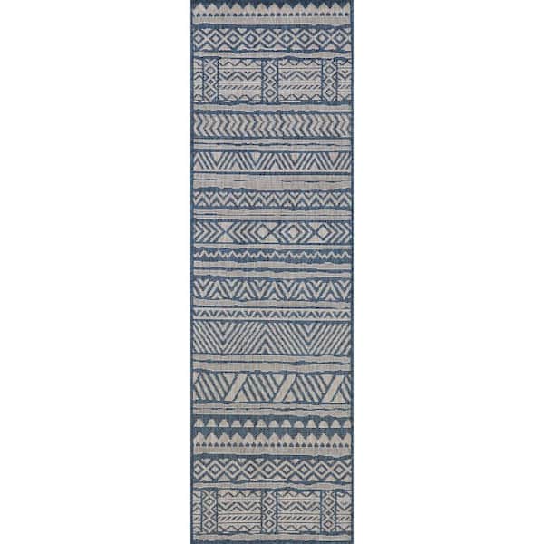 nuLOOM Abbey Tribal Striped Blue 2 ft. x 8 ft. Indoor/Outdoor Runner Rug