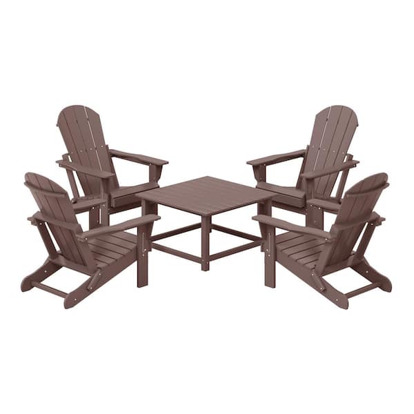 Laguna Dark Brown Plastic Weather Resistant Adirondack Chair 5-Piece Outdoor Patio Conversation Set, Square Coffee Table