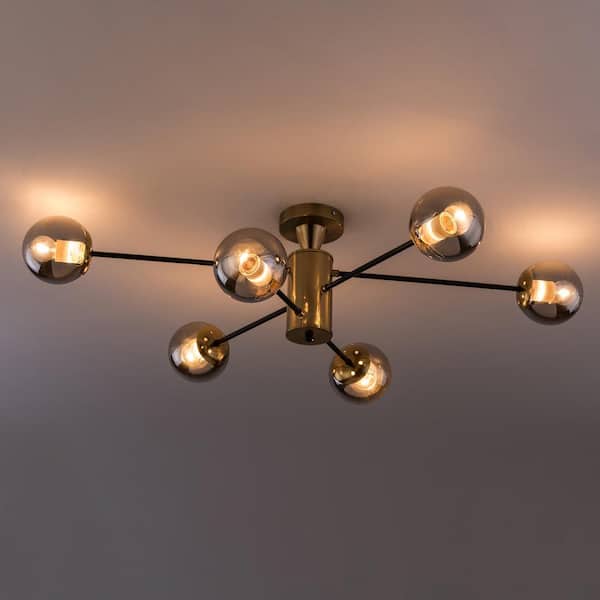 OUKANING 38.1 in. 6-Light Gold Modern Sputnik Semi-Flush Mount