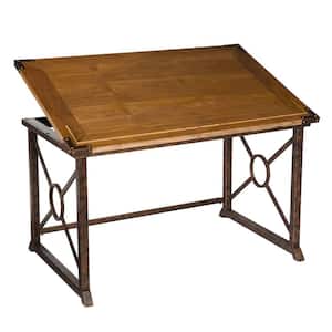 51.5 in. Rectangular Weathered Oak/Antique Brass Writing Desks with Adjustable Height