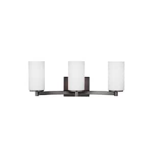 Hettinger 20 in. 3-Light Bronze Transitional Contemporary Wall Bathroom Vanity Light with Etched White Glass Shades