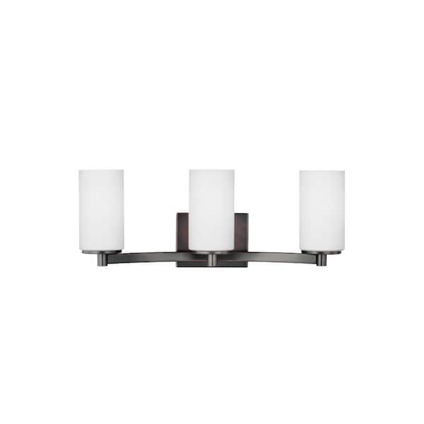 Generation Lighting Hettinger 20 in. 3-Light Bronze Transitional Contemporary Wall Bathroom Vanity Light with Etched White Glass Shades