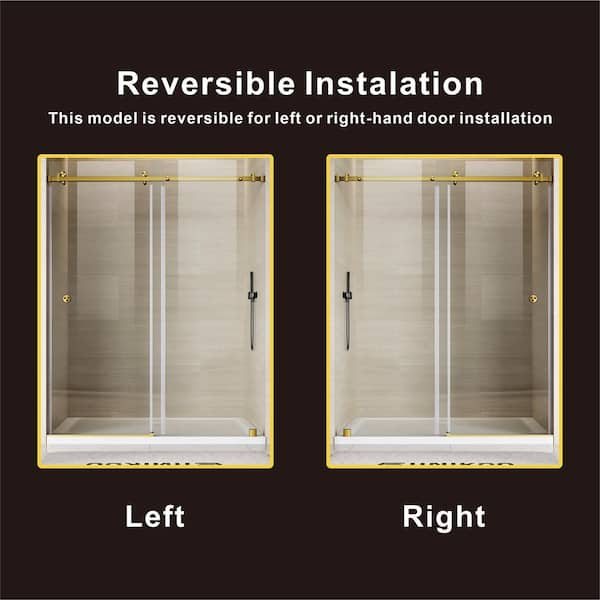 UKS09 56 to 60 in. W. x 80 in. H Single Sliding Frameless Shower Door in Satin Brass, Enduro Shield 3/8 in. Clear Glass
