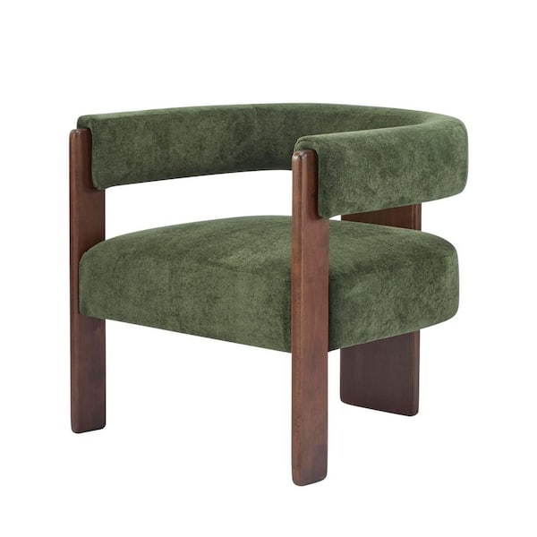 Olive Green Boucle Upholstered Arm Chair with Solid Rubber Wood Legs