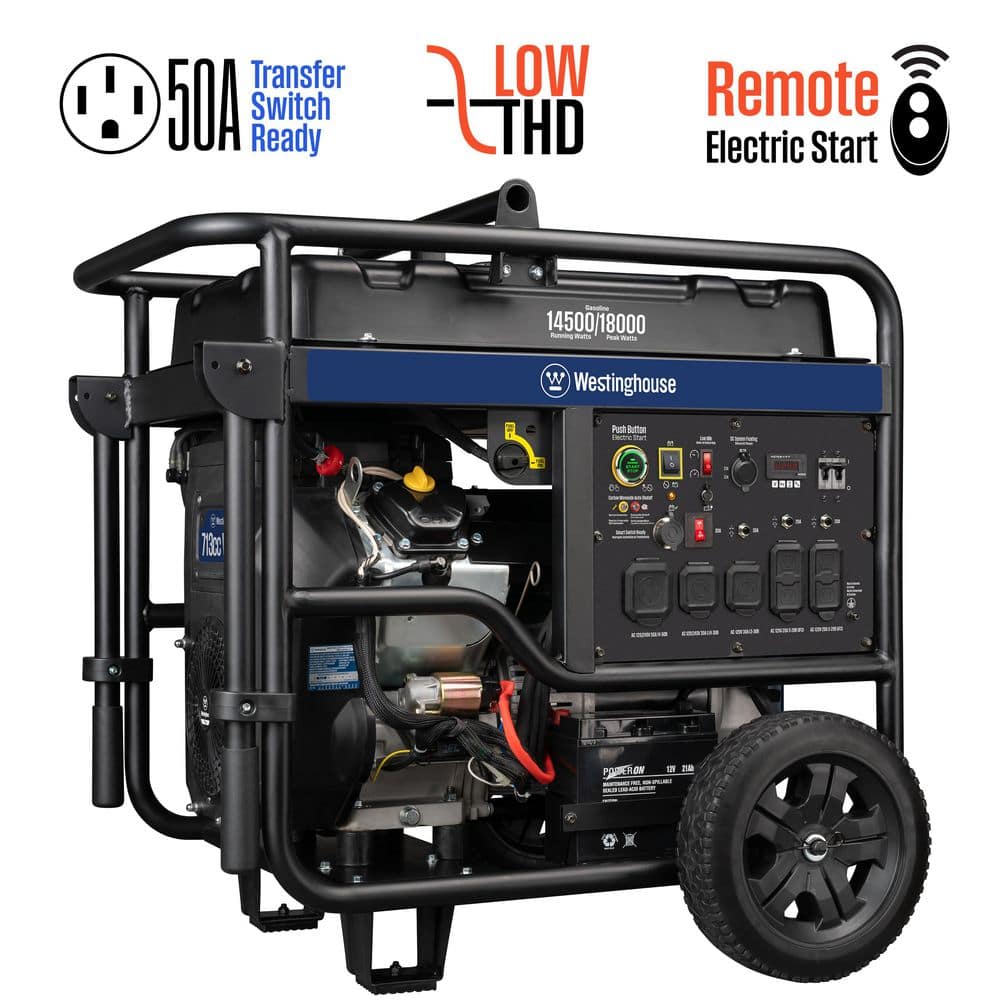 Westinghouse 18,000/14,500-Watt Remote Electric Start Gas Powered Portable Generator with Low THD, 50A Outlet, CO Sensor