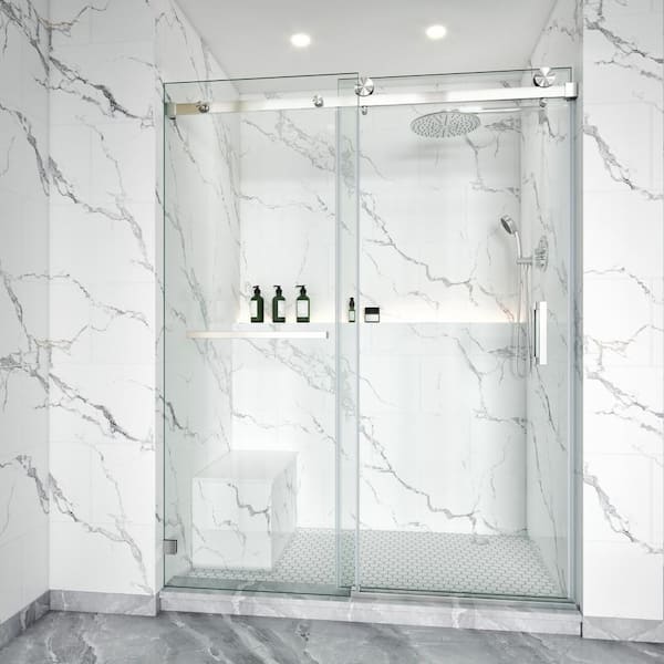 62-66 in. W x 76 in. H Single Sliding Frameless Shower Door Brushed Nickel 3/8 in. Clear Glass with Towel Bar