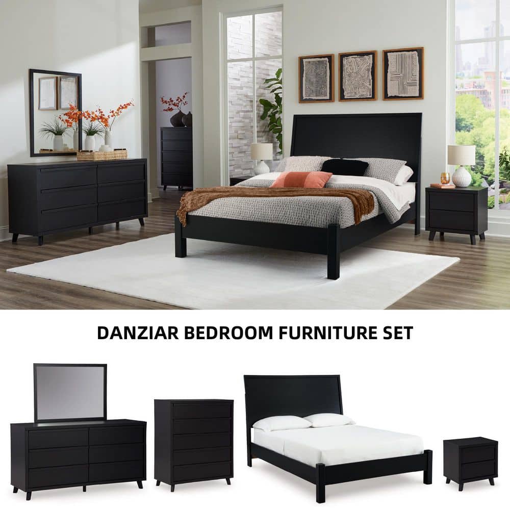 Black Modern 2-Drawer Nightstand with Wireless Charging