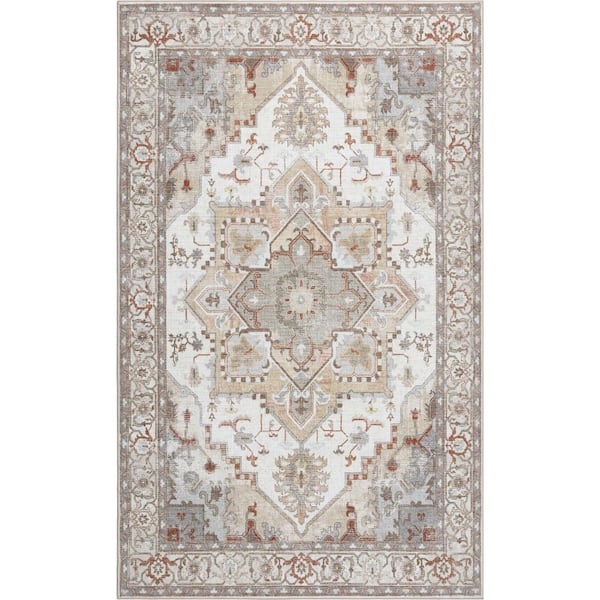 Sersi Ornate Large Medallion Border Non-Slip Machine-Washable Beige/Cream 8 ft. x 10 ft. Area Rug