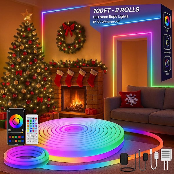 50 ft. Integrated LED Strip Light Fixture Rope Lights, IP65 Waterproof, RGB Color Changing, Remote Control ‎ Plastic