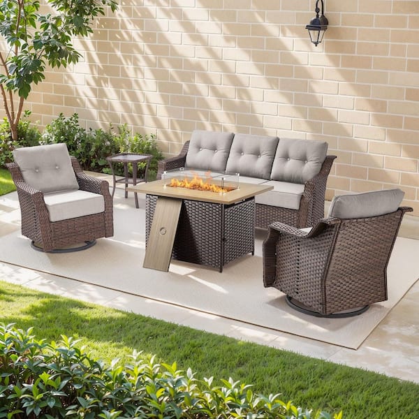 Circle Brown Wicker 5-Piece Patio Conversation Set with Outdoor Swivel Chairs, Fire Pit Table and 6 in.T Beige Cushions