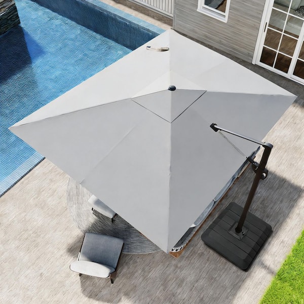 Pellebant 9 ft. x 11 ft. Aluminum Offset Cantilever 360° Rotation Crank Tilt Patio Umbrella in Light Gray with 240 lbs. Base