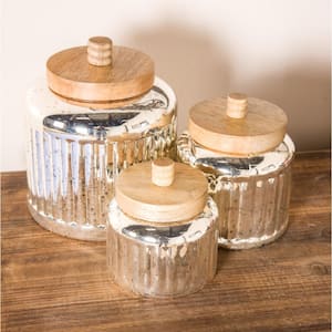 Silver Glass Decorative Jars with Wood Lids (Set of 3)