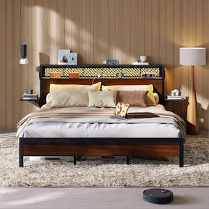 Walnut Metal Frame Full Platform Bed with Wood Storage Headboard Charge Station and Foldable Bedside Shelf and LED