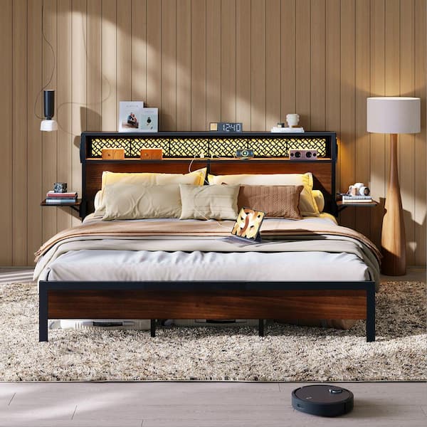 Bestier Walnut Metal Frame Full Platform Bed with Wood Storage Headboard Charge Station and Foldable Bedside Shelf and LED