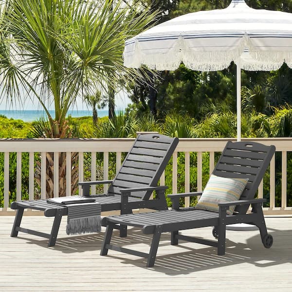 LUE BONA Hampton Dark Gray Plastic Outdoor Chaise Lounge Chair with Adjustable Backrest Pool Lounge Chair and Wheels Set of 2