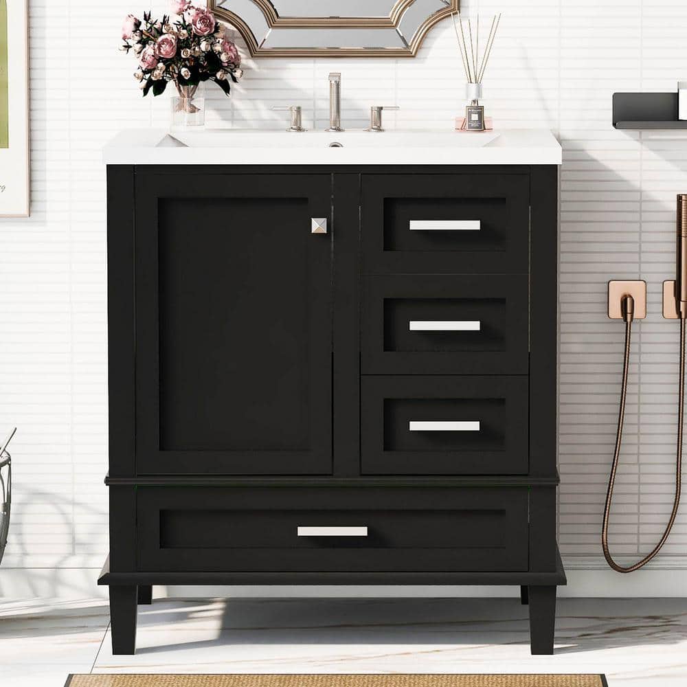 30 in. W Single Sink Freestanding Bath Vanity in Black with White Ceramic Top, 1 Soft Closing Door and 3 Drawers price history on PriceWatchPro