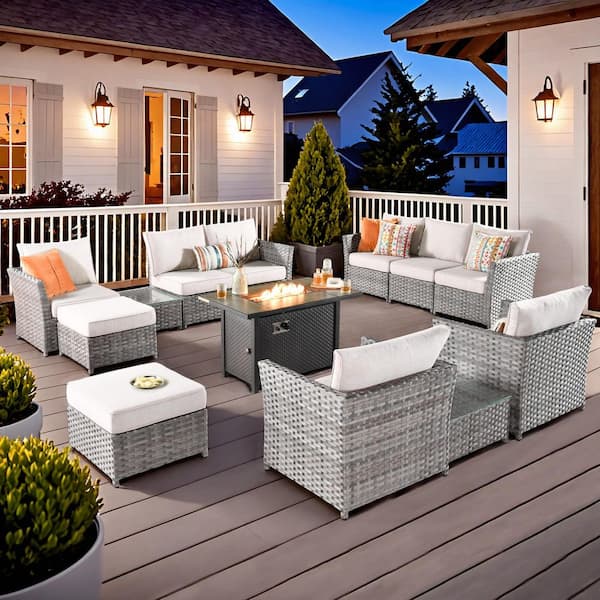 XIZZI Bella 13-Piece Wicker Patio Rectangle Fire Pit Conversation Set with Beige Cushions