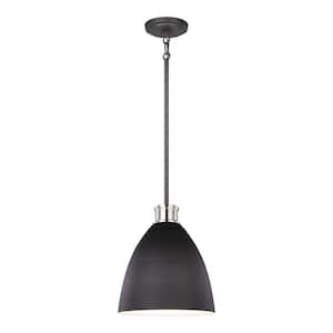 Varus 10.5 in. W 1-Light Matte Black Metal Modern Industrial Pendant with Brushed Nickel Accent and White Inner Shade