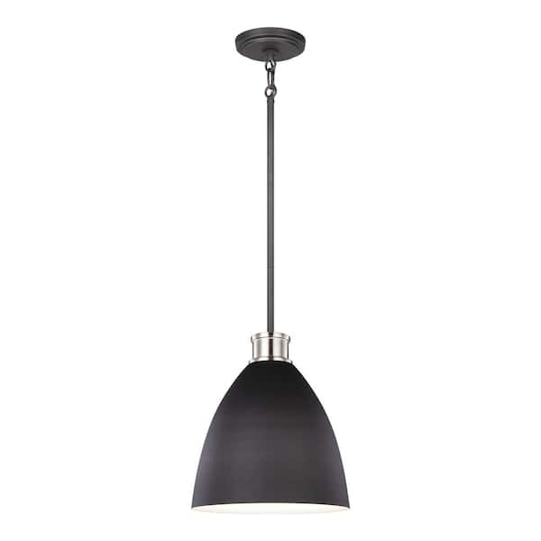 Generation Lighting Varus 10.5 in. W 1-Light Matte Black Metal Modern Industrial Pendant with Brushed Nickel Accent and White Inner Shade