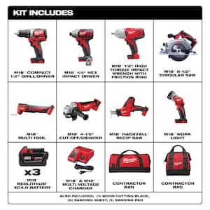M18 18V Lithium-Ion Cordless Combo Kit (8-Tool) with Three 4.0 Ah Batteries, 1 Charger, 2 Tool Bag