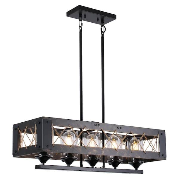 bessten Farmhouse 5-light Matte Black Island Chandelier Linear Pendant Light for Dining Room with E26 Light Bulbs