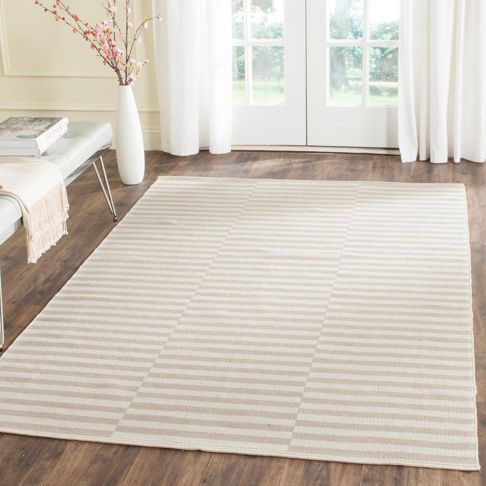 Ivory and Light Grey Striped Cotton 5' x 7' Handmade Reversible Rug