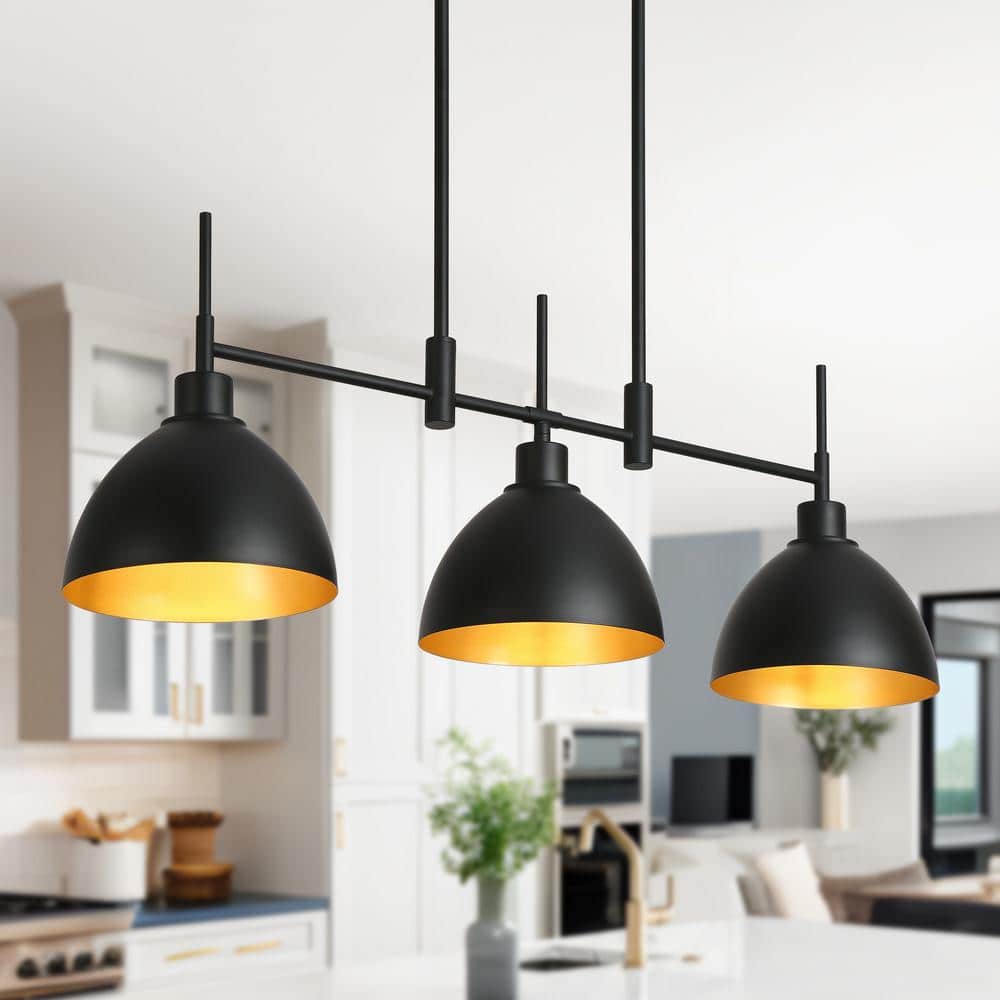 Uolfin Industrial Kitchen Island Chandelier 33.3 in. Farmhouse Matte Black and Gold Linear ...