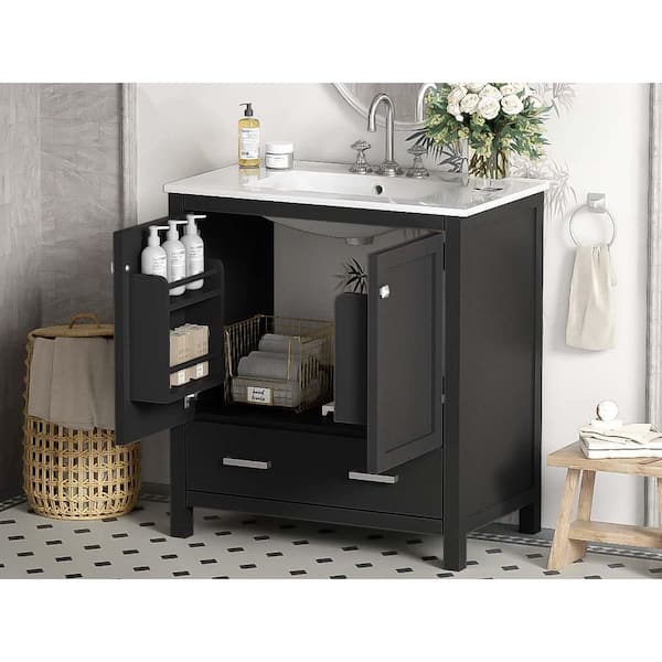 30 in. W x 18 in. D x 34 in. H Single Sink Freestanding Bath Vanity in Black with White Ceramic Top