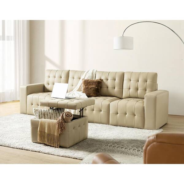Jayden Creation Nuria 87 in. Wide Brown Leather Sofa with Removable Back Cushions