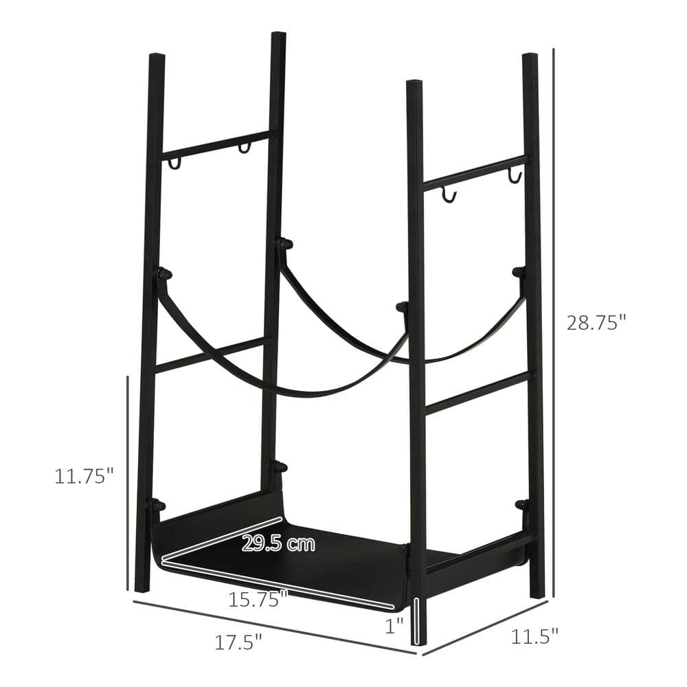 Black Powder-Coated Steel 2-Tier Firewood Storage Rack with Tools