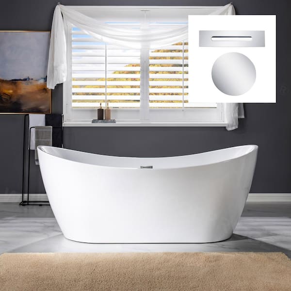 WOODBRIDGE Elevate 71 in. Acrylic FlatBottom Double Slipper Bathtub with Polished Chrome Overflow and Drain Included in White
