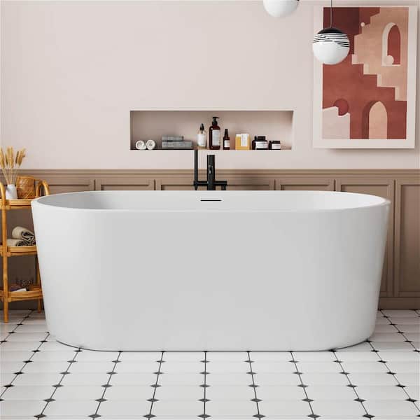 INSTER 65 in. Modern Luxury Acrylic Freestanding Flatbottom Tub Curve Edge Non-Whirlpool Soaking Bathtub in White