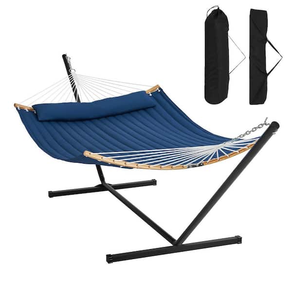 SKYSHALO 2-Person Hammock with Stand Included, Double Hammock with Curved Spreader Bar and Detachable Pillow and Portable