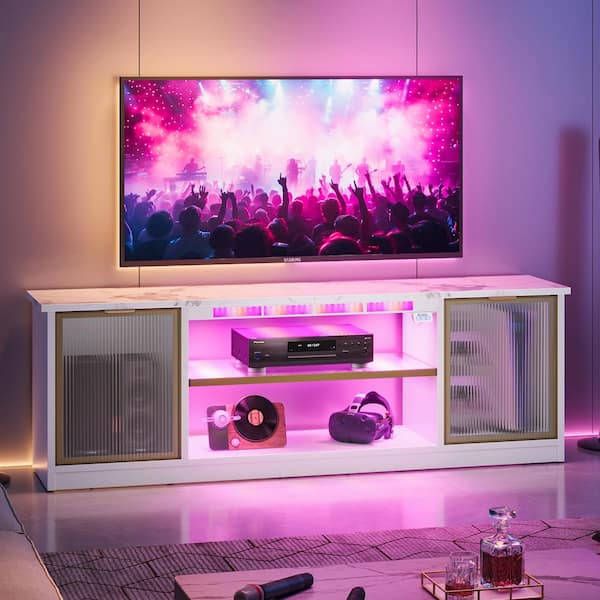 57 in. White Marble High-Tech TV Stand Fits TV Up to 32 to 60 in. Entertainment Center with RGB Sound Reactive Lights