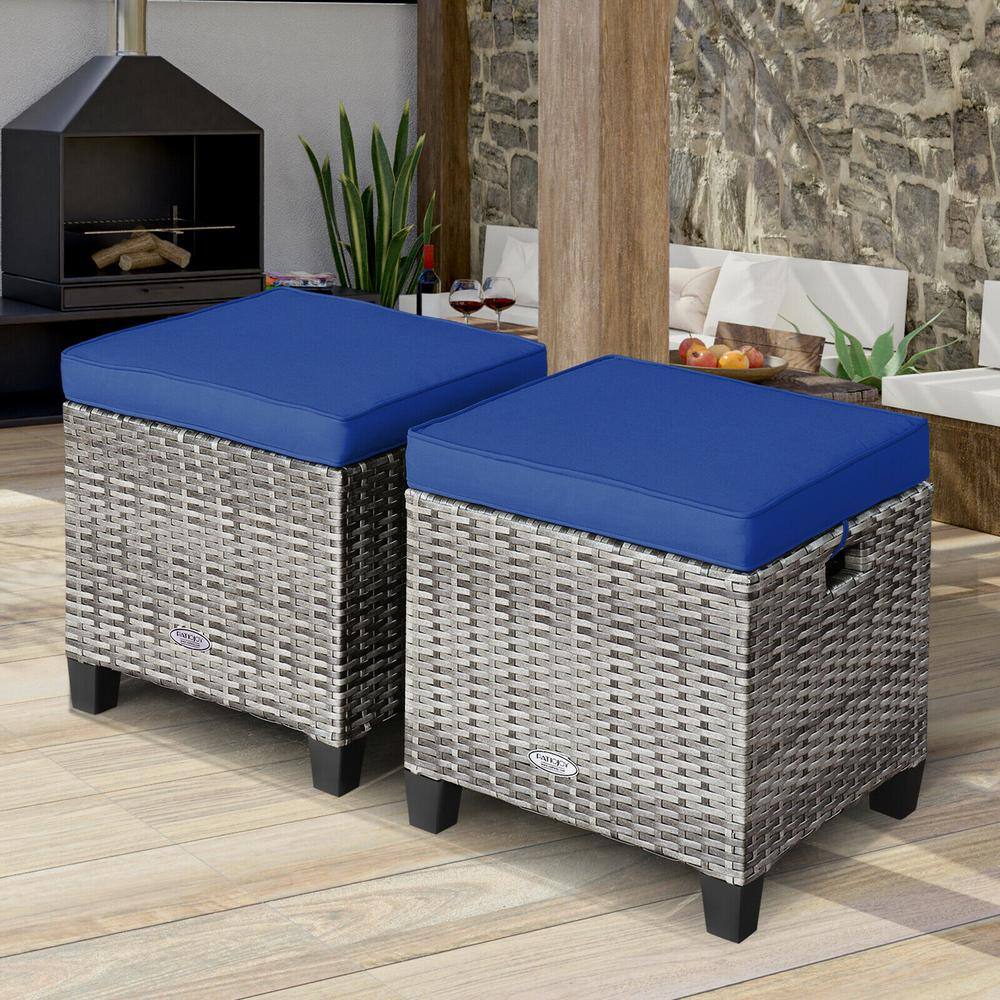 Mix Gray Steel Frame Outdoor Ottomans with Navy Cushions, 2 Pack