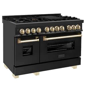 Autograph Edition 48 in. 7 Burner Double Oven Dual Fuel Range in Black Stainless Steel and Polished Gold